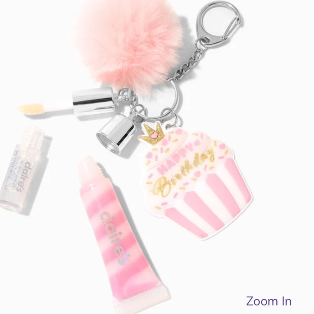 Claire's Club Happy Birthday Pink Cupcake Lip Gloss Keyring NWT